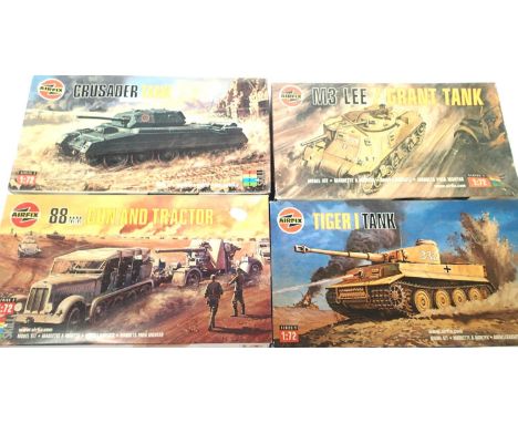 Four Airfix 1:72 scale military kits, Grant, Crusader, Tiger, 88 gun and tractor, all excellent, contents unchecked. P&amp;P 
