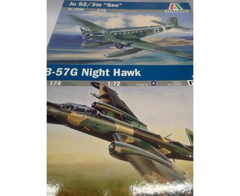Two Italeri 1:72 scale aircraft kits JU52, See, and B57G Nighthawk, both as new, contents unchecked. P&amp;P Group 1 (£14+VAT