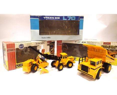 Three Joal 1:50 scale plant related Euclid R32 dumper and steam roller (damaged canopy) and a Volvo L70, all in very good con