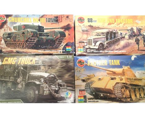 Four Airfix 1:72 scale military kits, Churchill, GMC truck, 88mm gun and tractor, Panther, all excellent condition, contents 