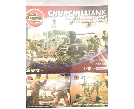 Airfix 1:72 scale military: Churchill tank with German Infantry and British Para's figurines, plus British Commandos and Germ