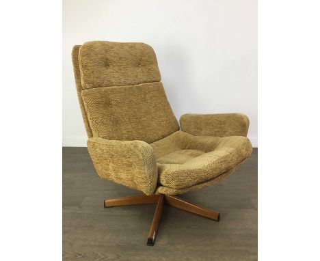 PAIR OF DANISH STYLE SWIVEL CHAIRS,in buttoned beige upholstery on painted wood effect metal supports (2)Some very light fray