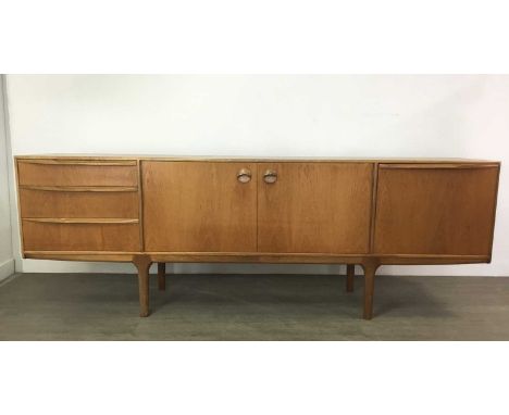 MCINTOSH OF KIRKCALDY TEAK SIDEBOARD,label to cutlery drawer with two further drawers and pull-down door enclosing slide flan