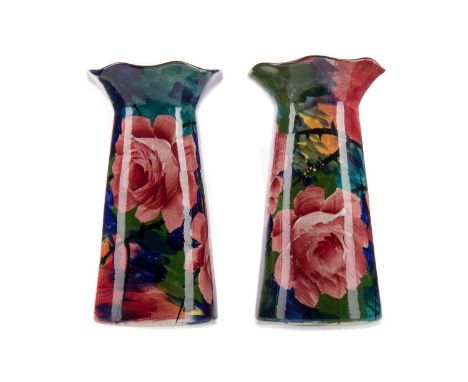 PAIR OF WEMYSS 'JAZZY' VASES,of tapered form with flared and crimped rims, painted marks and no. 213 to bases, 19.7cm high (2