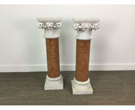 PAIR OF SCAGLIOLA AND WHITE MARBLE CORINTHIAN COLUMNS, 69cm highOne with large chip to ring above okumn, both with further ch