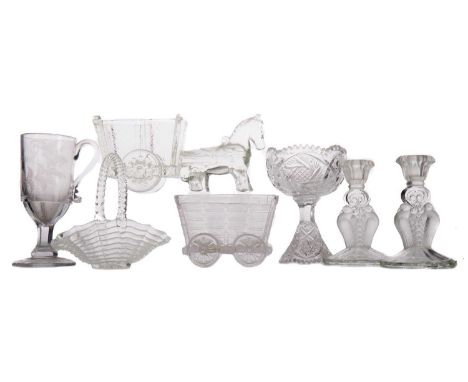 GROUP OF VICTORIAN AND LATER CLEAR PRESSED GLASS,including a pair of stemmed bon bon dishes, a pair of frosted candlesticks a