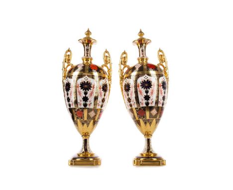 PAIR OF ROYAL CROWN DERBY IMARI TWIN-HANDLED VASES WITH COVERS,No. 1128/XL1, 42cm highFirst quality, one cover cracked, upper