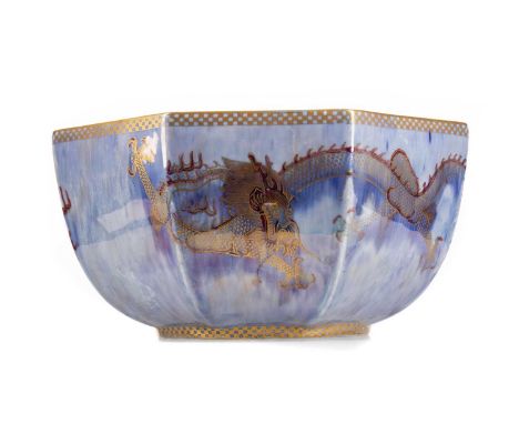 WEDGWOOD DRAGON LUSTRE OCTAGONAL BOWL,pattern number z4829, designed by Daisy Makeig-Jones, printed in gilt with scrolling dr