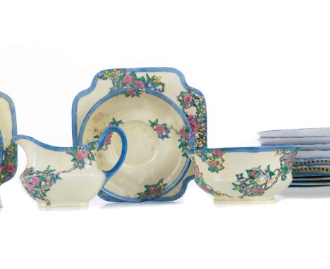 GLASGOW GIRL HAND PAINTED TEA SERVICE,comprising six Aynsley teacups, saucers, a sugar bowl and cream jug, six Grafton sidepl