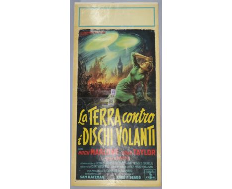 "Earth VS the Flying Saucers" Italian original locandina film poster from 1956 with original stamps, art by Ballester, folded