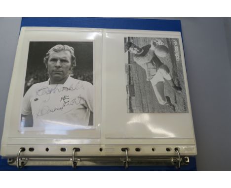 A folder containing a signed photo by Bobby Moore whilst playing for Fulham FC, with faintly signed Lev Jashin, plus boxer Bu