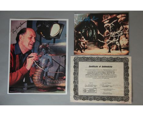 Ray Harryhausen signed photograph featuring the special effects maestro adding the finishing touches to Medusa from "Jason an