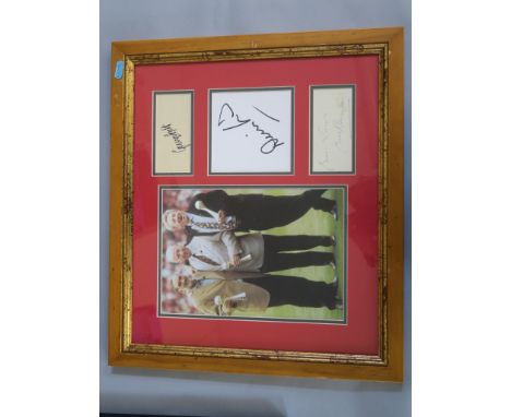 Sports signatures including Bobby Charlton, George Best and Denis Law with photo, framed, 18 x 16 inches. (1) [M]