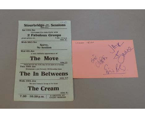 CREAM original signed card dated 18/1/67 with the original autographs of Eric Clapton, Jack Bruce and Ginger Baker in blue pe