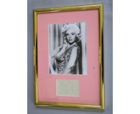 Jayne Mansfield signature on paper with black and white photo, frames measuring 18 x 13 inches. (1) [M]