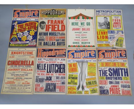 A collection of 1950s vintage theatre advertising cards including The Empire Theatre, Edinburgh, Birmingham Hippodrome, Chels