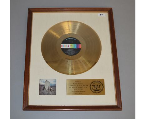 THE WHO "Who's Next" RIAA Gold Disc Award presented to Decca Records for the album "Who's Next" by The Who U.S., white matte,