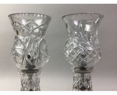 PAIR OF CRYSTAL GLASS VASES, LATE 20TH CENTURY each converted to a lamp, the vases bearing frosted glass floral detail30.9cm 