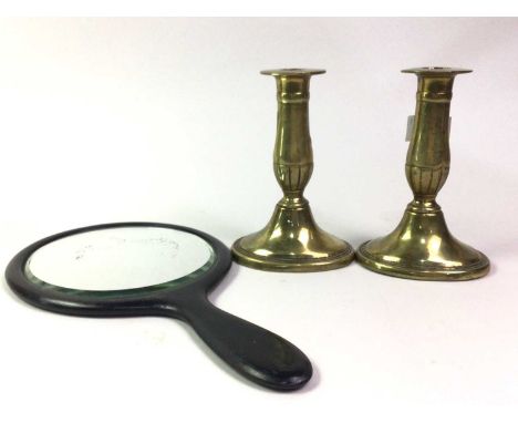 PAIR OF BRASS CANDLESTICKS, AND OTHER ITEMS  including a plated oval teapot, glass inkwell with plated mount and an ebonised 