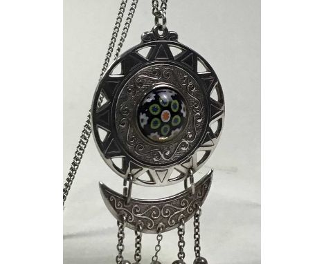 SCOTTISH SILVER PENDANT AND CHAIN, the pendant of circular form and set with a convex glass floral panel