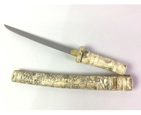 JAPANESE CARVED BONE KATANA, the Katan carved in relef with figures and horses, along with two further swords, each in a leat