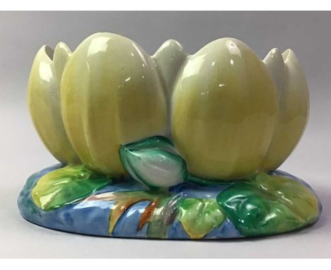 CLARICE CLIFF, WATER LILY BOWL, AND A FRENCH POTTERY BIRD FIGURE the bowl with printed mark to base, the bird by Boulogne in 