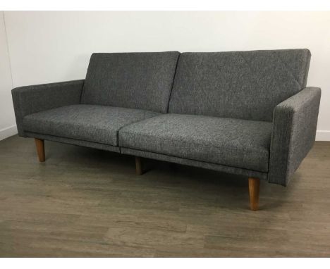 MODERN SOFA BED, upholstered in grey and on turned legs200cm wide