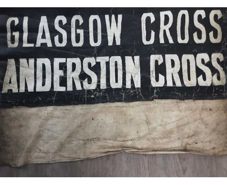 1950S VINTAGE TRAM DESTINATION BLIND, DENNISTON DEPOT, GLASGOW, 20TH CENTURY showing various destinations, made from linen, i
