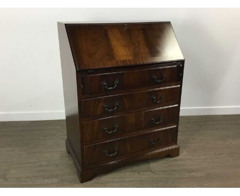 REPRODUCTION MAHOGANY BUREAU, with hinged writing flap and four dawers, on bracket feet100cm x 76cm