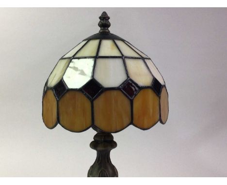 TWO REPRODUCTION TIFFANY STYLE TABLE LAMPS,  each with leaded glass shade  38cm and 40cm high  Qty: 2  The lamp in the first 