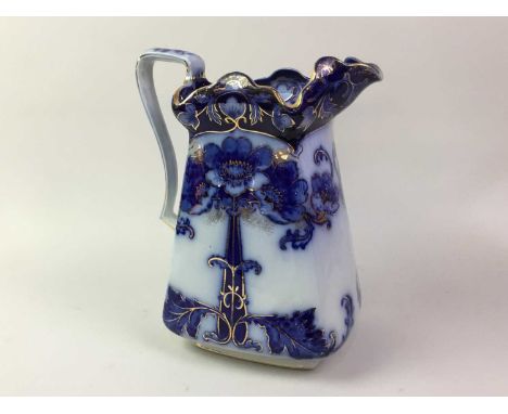 STAFFORDSHIRE CERAMIC EWER AND BASIN, transfer decorated with blue and white gilt edgesQty: 2