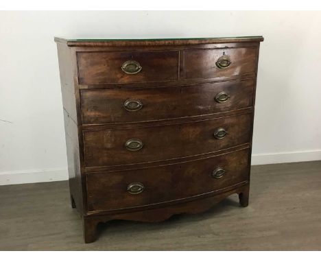 MAHOGANY BOW FRONTED CHEST, with two short over three long drawers with brass swing handles, on bracket supports