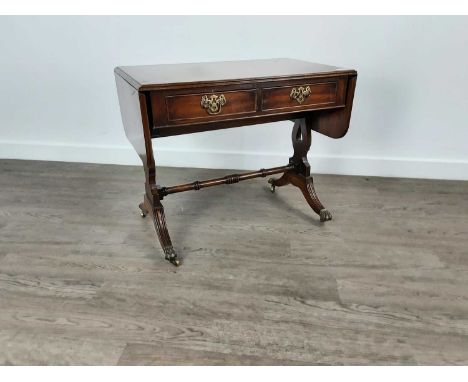 SMALL REPRODUCTION MAHOGANY SOFA TABLE, with brass handles54cm x 105cm