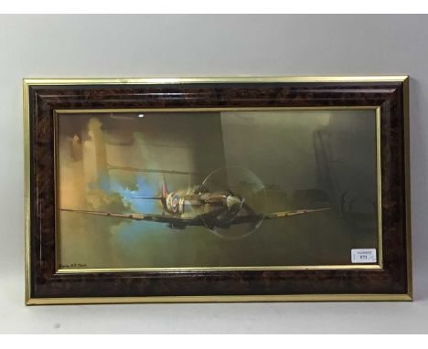 GROUP OF SPITFIRE THEMED ITEMS, including a Barrie A.F. Clark print, a 'Spitfire Supreme' print by Dugald Cameron, a further 