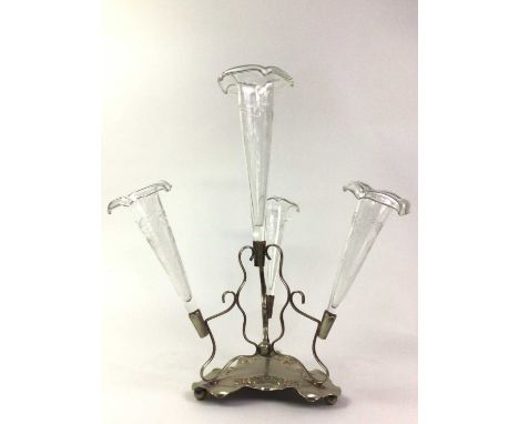 VICTORIAN SILVER PLATED EPERGNE, ALONG WITH A PICKLE DISH AND OTHER ITEMS  including a canteen of cutlery, a quaich and bottl