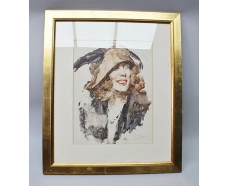 20TH CENTURY EUROPEAN SCHOOL Portrait of a smiling woman wearing a feather trimmed hat, a Print, indistinctly signed in penci