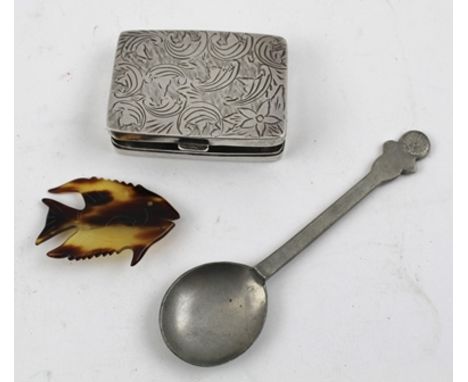 A CONTINENTAL WHITE METAL SNUFF BOX with chased hinged cover 5cm, together with a SMALL PEWTER SPOON and a FISH BROOCH (3) 