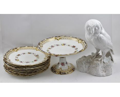 A ROYAL CROWN DERBY CERAMIC OWL white glazed on groundwork base, 27cm high, together with a PART HAMMERSLEY DESSERT SERVICE c