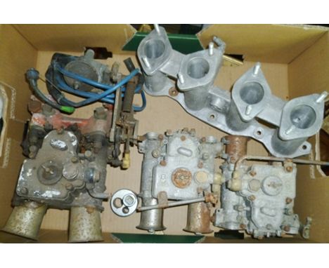 A PAIR OF 40 DCOE WEBBER CARBURETTORS AND MANIFOLD, a Webber carb with manifold and a Lucas Distributor (spares and repairs) 