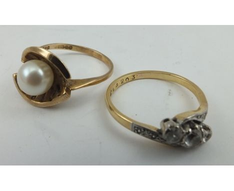 A THREE-STONE DIAMOND EFFECT RING, set in 18ct gold and platinum, size N 1/2, together with a pearl set 9ct gold lady's DRESS