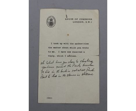 A SHEET OF HOUSE OF COMMONS, LONDON S.W.1 NOTEPAPER WITH TYPED AND HANDWRITTEN NOTE REFERRING TO THE PROFUMO SCANDAL - hand w