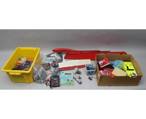 THREE BOXES OF AERO ENGINE PARTS, Ripmax Power panel, Turbex model engine starter and other parts (sold for spares and repair
