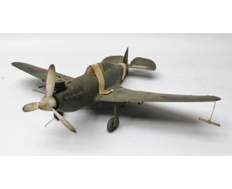 AN EARLY CONTROL LINE HURRICANE MODEL AEROPLANE, wing span 49cm (control lines worn, needs a clean but appears sound. Glow en