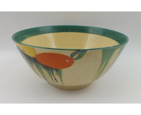 A CLARICE CLIFT BIZARRE "DELECIA" PATTERNED CERAMIC BOWL, having hand painted floral decoration, factory marks to base, 20.5c