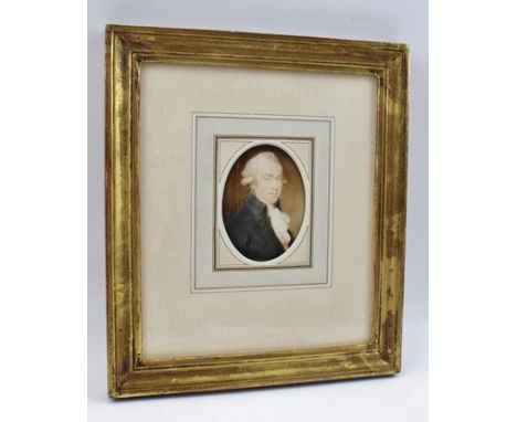 WILLIAM HODGES (1744-1797) Portrait miniature of a gentleman wearing a frock coat, white cravat and powdered wig, Watercolour