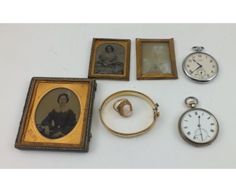 A 9CT GOLD CAMEO SET LADY'S DRESS RING, a gold filled BANGLE, two POCKET WATCHES and three 19th century photographic portrait