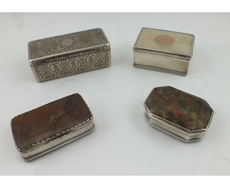FOUR 19TH CENTURY SNUFF BOXES, one from the Austro-Hungarian Empire, white metal with engraved and engine turned decoration, 