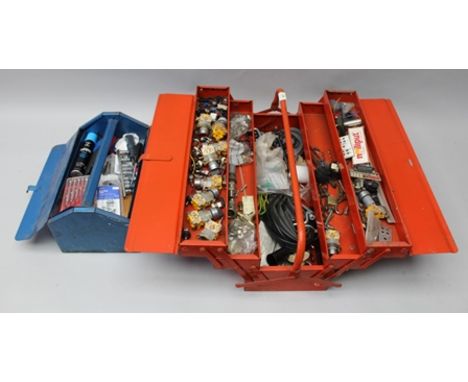 A COLLECTION OF TOOLS, ACCESSORIES, SWITCHES AND PARTS many for model planes, contained in two metal tool boxes 