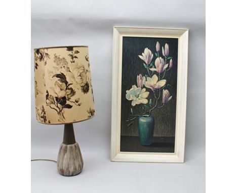 A MID 20TH CENTURY POTTERY LAMP, having tapering bronzed glaze neck and reeded bulbous body, 43cm high, with floral shade, to