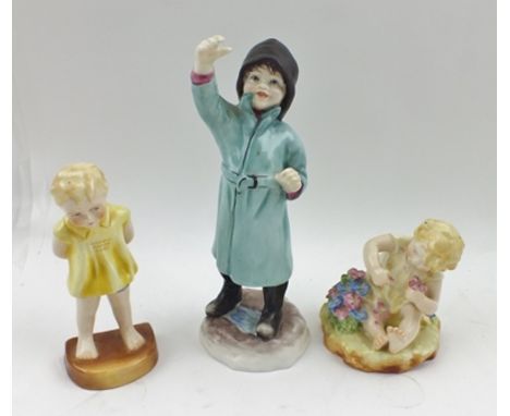THREE ROYAL WORCESTER PORCELAIN FIGURINES "Tommy", modelled by F.G. Doughty, no. 2913, 10cm high, "Mischief" no. 2914, 8cm hi